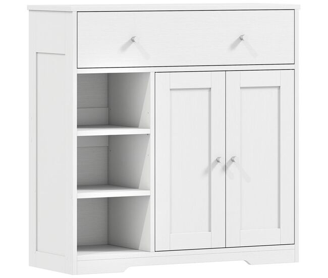 Homcom armario de baño estrecho, mueble auxiliar de baño con cajón, 2 puertas y 3 estantes abiertos, ahorro espacio, 80x30x80,2 cm, para cocina, salón o despacho, blanco veteado