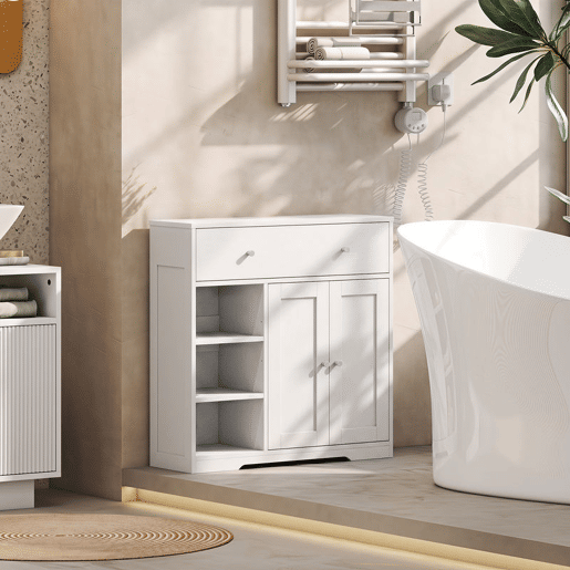 HOMCOM Armário de Casa de Banho Estreito com Gaveta, 2 Portas e 3 Prateleiras Abertas, Compacto, 80x30x80,2 cm, Branco Texturado HOMCOM Armário de Casa de Banho Estreito com Gaveta, 2 Portas e 3 Prateleiras Abertas, Compacto, 80x30x80,2 cm, Branco Texturado