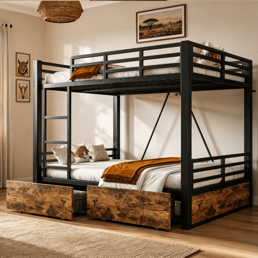 Beliche infantil em metal 140x200 cm u2014 com gavetas, poupa espaço, escada e grade de segurança u2014 preto Beliche infantil em metal 140x200 cm u2014 com gavetas, poupa espaço, escada e grade de segurança u2014 preto