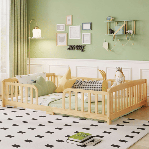 Cama Montessori 140 x 200 cm u2014 com grades de segurança e entrada central em madeira de pinho u2014 Natural Cama Montessori 140 x 200 cm u2014 com grades de segurança e entrada central em madeira de pinho u2014 Natural
