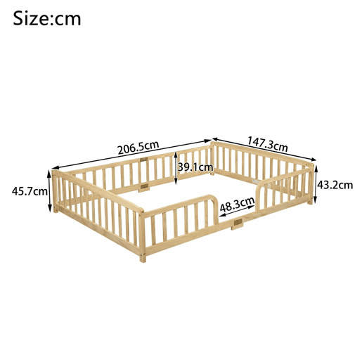 Cama Montessori 140 x 200 cm u2014 com grades de segurança e entrada central em madeira de pinho u2014 Natural Cama Montessori 140 x 200 cm u2014 com grades de segurança e entrada central em madeira de pinho u2014 Natural