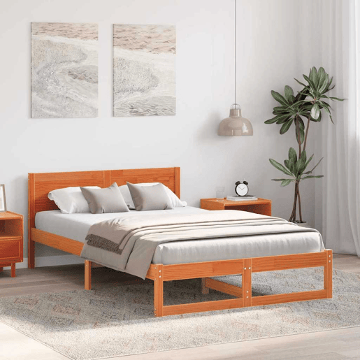 Estrutura de cama de casal simple com cabeceira - Marrom Cera 120 x 200 cm