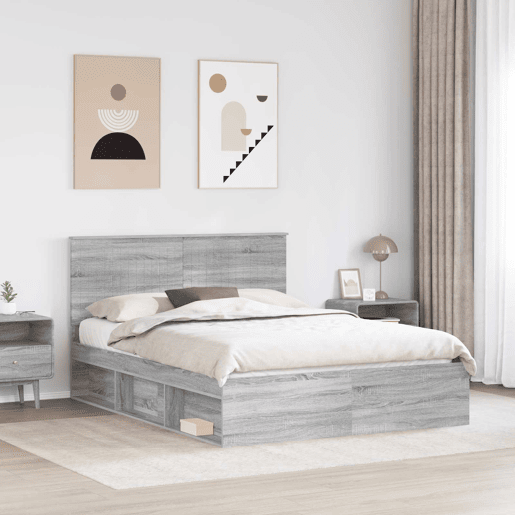 Estrutura da Cama de casal simple com cabeceira Cinza Sonoma 150 x 200 cm Estrutura da Cama de casal simple com cabeceira Cinza Sonoma 150 x 200 cm
