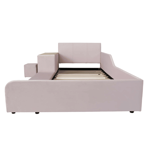 Cama infantil 90 x 200 cm u2014 com secretária e banco, cabeceira estofada com tecido macio, prateleira de arrumação e base de madeira u2014 Rosa Cama infantil 90 x 200 cm u2014 com secretária e banco, cabeceira estofada com tecido macio, prateleira de arrumação e base de madeira u2014 Rosa
