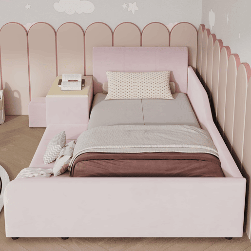 Cama infantil 90 x 200 cm u2014 com secretária e banco, cabeceira estofada com tecido macio, prateleira de arrumação e base de madeira u2014 Rosa Cama infantil 90 x 200 cm u2014 com secretária e banco, cabeceira estofada com tecido macio, prateleira de arrumação e base de madeira u2014 Rosa