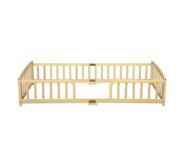 Cama montessori 90x200 cm - con barandillas de seguridad, entrada central, madera de pino - natural