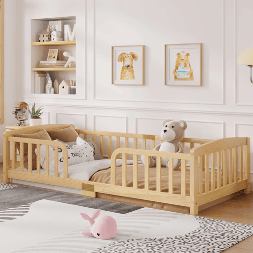 Cama Montessori 90 x 200 cm u2013 com grades de segurança, entrada central, madeira de pinho u2013 natural