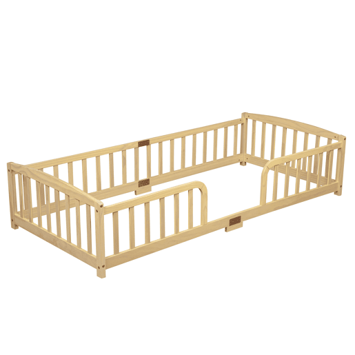 Cama Montessori 90 x 200 cm u2013 com grades de segurança, entrada central, madeira de pinho u2013 natural