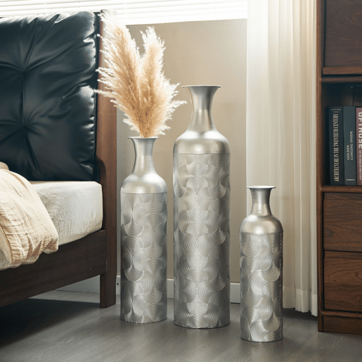 Conjunto de vasos decorativos 506683 cm - 3 peças em metal com design ondulado para plantas e decoração de interiores - Prateado