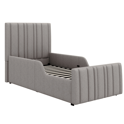 Cama estofada individual 90x200 cm - hidráulica com espaço de arrumação, cabeceira almofadada e base - cinzenta Cama estofada individual 90x200 cm - hidráulica com espaço de arrumação, cabeceira almofadada e base - cinzenta