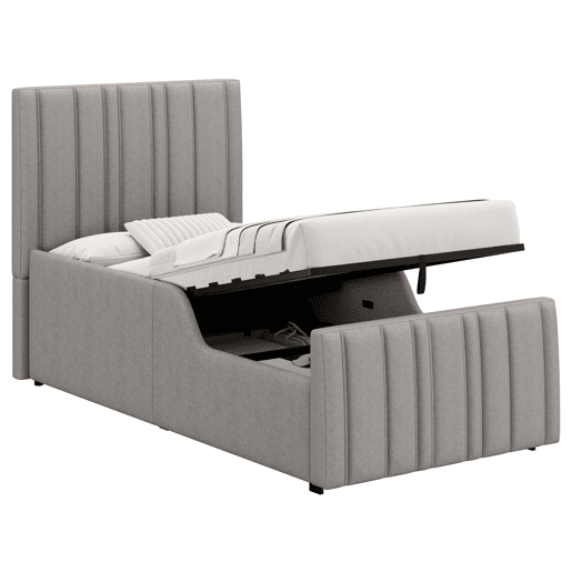 Cama estofada individual 90x200 cm - hidráulica com espaço de arrumação, cabeceira almofadada e base - cinzenta Cama estofada individual 90x200 cm - hidráulica com espaço de arrumação, cabeceira almofadada e base - cinzenta