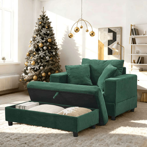 Espreguiçadeira 107 x 74 x 57 cm u2014 com apoio para os pés, espaço de arrumação e 3 almofadas u2014 Verde esmeralda Espreguiçadeira 107 x 74 x 57 cm u2014 com apoio para os pés, espaço de arrumação e 3 almofadas u2014 Verde esmeralda