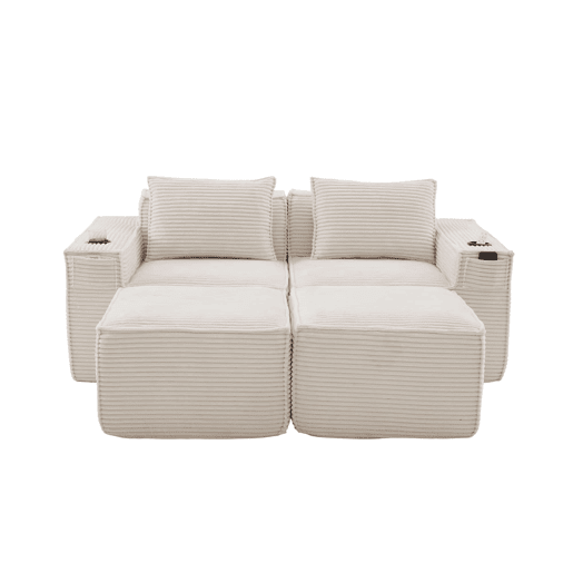 Sofá modular de 2 lugares com 2 banquetas u2014 estofado em veludo, molas ensacadas, espuma de alta densidade, porta-copos e bolsos laterais u2014 Bege Sofá modular de 2 lugares com 2 banquetas u2014 estofado em veludo, molas ensacadas, espuma de alta densidade, porta-copos e bolsos laterais u2014 Bege