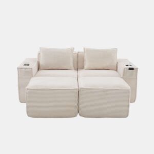 Sofá modular de 2 lugares com 2 banquetas u2014 estofado em veludo, molas ensacadas, espuma de alta densidade, porta-copos e bolsos laterais u2014 Bege