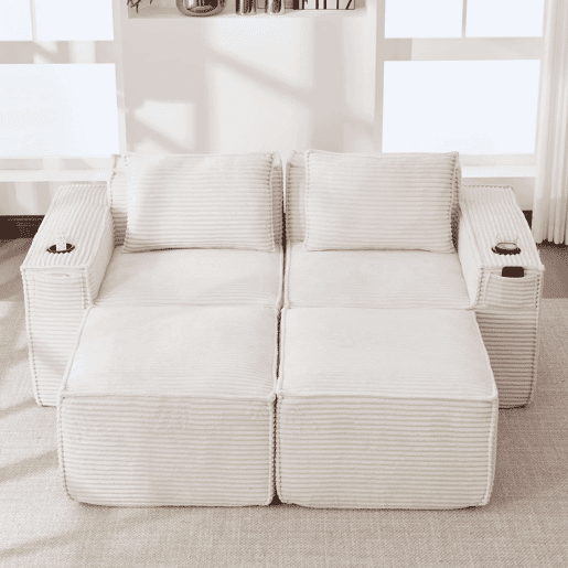 Sofá modular de 2 lugares com 2 banquetas u2014 estofado em veludo, molas ensacadas, espuma de alta densidade, porta-copos e bolsos laterais u2014 Bege Sofá modular de 2 lugares com 2 banquetas u2014 estofado em veludo, molas ensacadas, espuma de alta densidade, porta-copos e bolsos laterais u2014 Bege