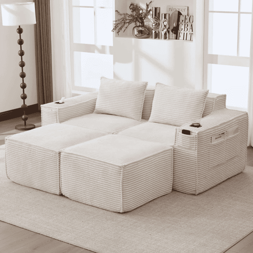 Sofá modular de 2 lugares com 2 banquetas u2014 estofado em veludo, molas ensacadas, espuma de alta densidade, porta-copos e bolsos laterais u2014 Bege Sofá modular de 2 lugares com 2 banquetas u2014 estofado em veludo, molas ensacadas, espuma de alta densidade, porta-copos e bolsos laterais u2014 Bege