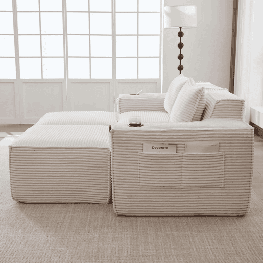 Sofá modular de 2 lugares com 2 banquetas u2014 estofado em veludo, molas ensacadas, espuma de alta densidade, porta-copos e bolsos laterais u2014 Bege Sofá modular de 2 lugares com 2 banquetas u2014 estofado em veludo, molas ensacadas, espuma de alta densidade, porta-copos e bolsos laterais u2014 Bege