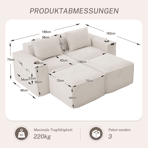 Sofá modular de 2 lugares com 2 banquetas u2014 estofado em veludo, molas ensacadas, espuma de alta densidade, porta-copos e bolsos laterais u2014 Bege Sofá modular de 2 lugares com 2 banquetas u2014 estofado em veludo, molas ensacadas, espuma de alta densidade, porta-copos e bolsos laterais u2014 Bege