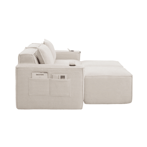 Sofá modular de 2 lugares com 2 banquetas u2014 estofado em veludo, molas ensacadas, espuma de alta densidade, porta-copos e bolsos laterais u2014 Bege Sofá modular de 2 lugares com 2 banquetas u2014 estofado em veludo, molas ensacadas, espuma de alta densidade, porta-copos e bolsos laterais u2014 Bege