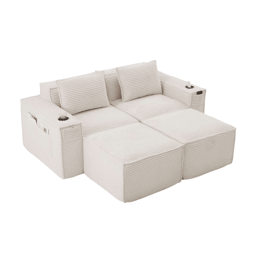 Sofá modular de 2 lugares com 2 banquetas u2014 estofado em veludo, molas ensacadas, espuma de alta densidade, porta-copos e bolsos laterais u2014 Bege Sofá modular de 2 lugares com 2 banquetas u2014 estofado em veludo, molas ensacadas, espuma de alta densidade, porta-copos e bolsos laterais u2014 Bege