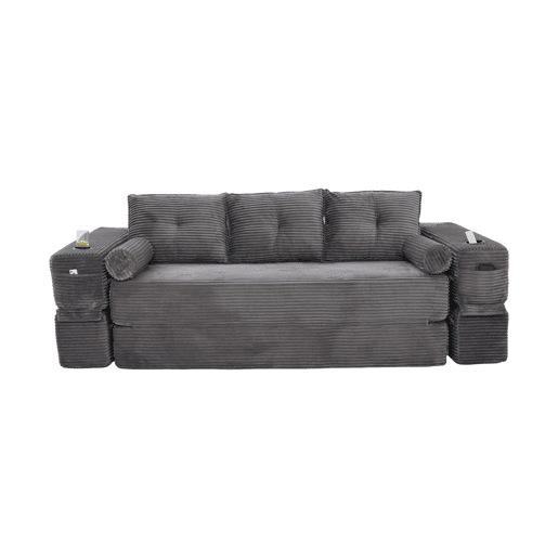 Sofá-cama de 3 lugares em veludo - encosto rebatível, espuma de alta densidade com molas, almofadas Memory, porta-copos e bolsos laterais - Cinza escuro Sofá-cama de 3 lugares em veludo - encosto rebatível, espuma de alta densidade com molas, almofadas Memory, porta-copos e bolsos laterais - Cinza escuro