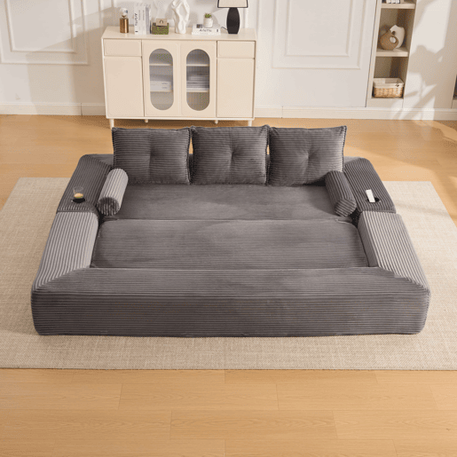 Sofá-cama de 3 lugares em veludo - encosto rebatível, espuma de alta densidade com molas, almofadas Memory, porta-copos e bolsos laterais - Cinza escuro Sofá-cama de 3 lugares em veludo - encosto rebatível, espuma de alta densidade com molas, almofadas Memory, porta-copos e bolsos laterais - Cinza escuro
