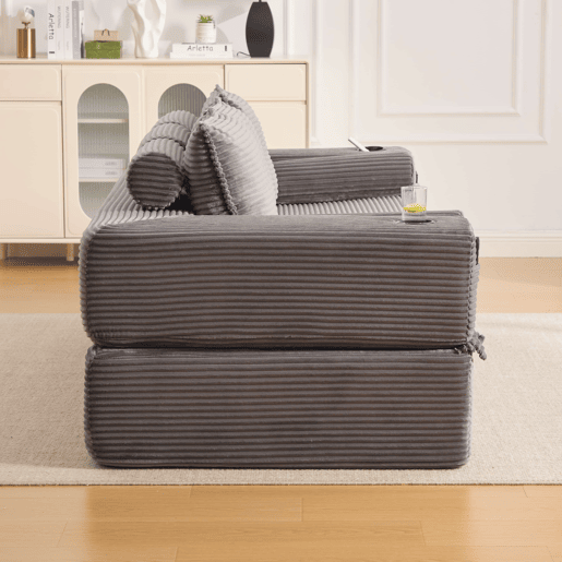 Sofá-cama de 3 lugares em veludo - encosto rebatível, espuma de alta densidade com molas, almofadas Memory, porta-copos e bolsos laterais - Cinza escuro Sofá-cama de 3 lugares em veludo - encosto rebatível, espuma de alta densidade com molas, almofadas Memory, porta-copos e bolsos laterais - Cinza escuro
