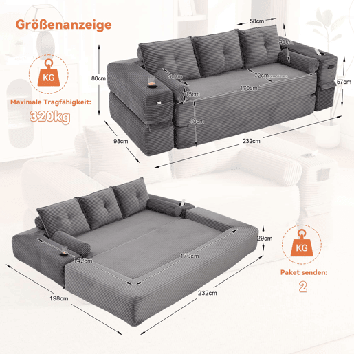Sofá-cama de 3 lugares em veludo - encosto rebatível, espuma de alta densidade com molas, almofadas Memory, porta-copos e bolsos laterais - Cinza escuro Sofá-cama de 3 lugares em veludo - encosto rebatível, espuma de alta densidade com molas, almofadas Memory, porta-copos e bolsos laterais - Cinza escuro