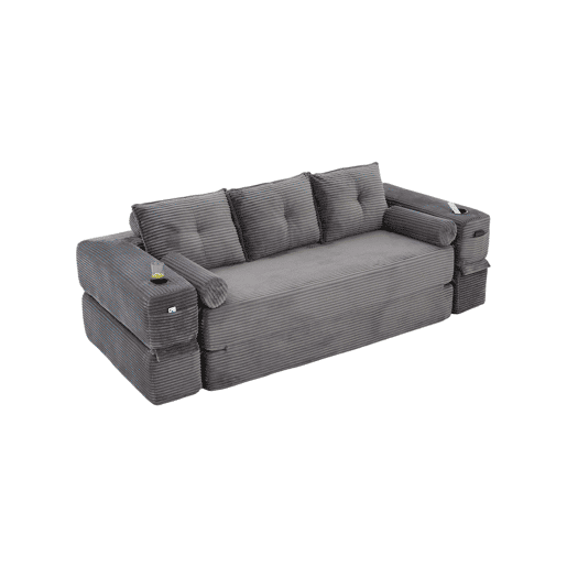 Sofá-cama de 3 lugares em veludo - encosto rebatível, espuma de alta densidade com molas, almofadas Memory, porta-copos e bolsos laterais - Cinza escuro Sofá-cama de 3 lugares em veludo - encosto rebatível, espuma de alta densidade com molas, almofadas Memory, porta-copos e bolsos laterais - Cinza escuro