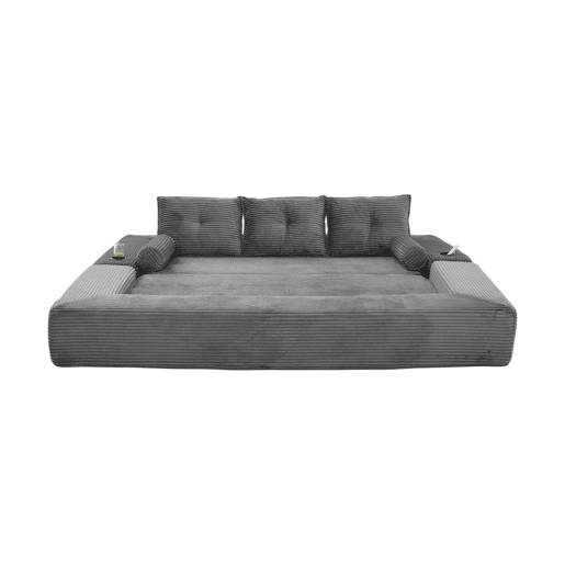 Sofá-cama de 3 lugares em veludo - encosto rebatível, espuma de alta densidade com molas, almofadas Memory, porta-copos e bolsos laterais - Cinza escuro Sofá-cama de 3 lugares em veludo - encosto rebatível, espuma de alta densidade com molas, almofadas Memory, porta-copos e bolsos laterais - Cinza escuro