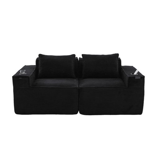 Sofá modular de 2 lugares - encosto com molas ensacadas, espuma de alta densidade, porta-copos e bolsos laterais, não montado - Preto