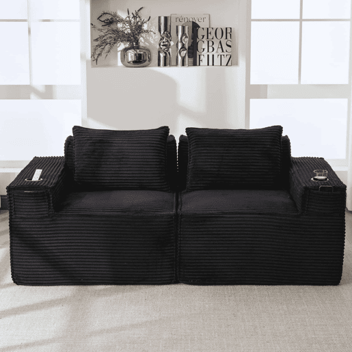 Sofá modular de 2 lugares - encosto com molas ensacadas, espuma de alta densidade, porta-copos e bolsos laterais, não montado - Preto