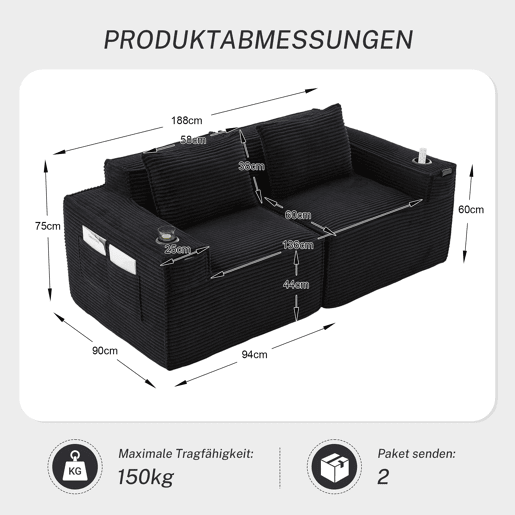 Sofá modular de 2 lugares - encosto com molas ensacadas, espuma de alta densidade, porta-copos e bolsos laterais, não montado - Preto