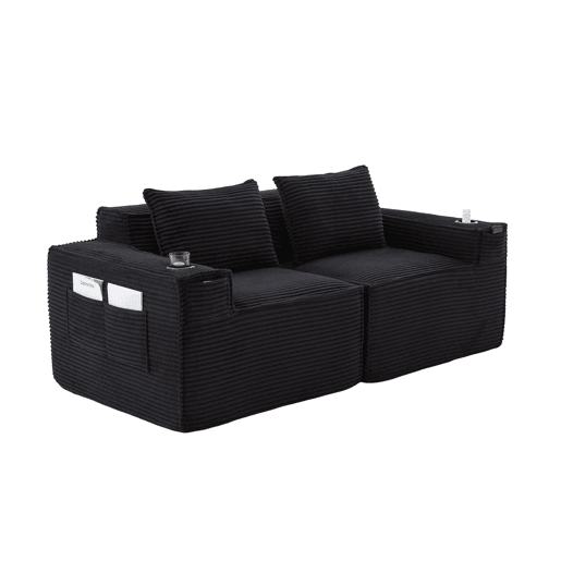 Sofá modular de 2 lugares - encosto com molas ensacadas, espuma de alta densidade, porta-copos e bolsos laterais, não montado - Preto