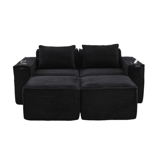 Sofá modular de 2 lugares com 2 banquinhos - encosto estável, molas ensacadas, espuma de alta densidade, porta-copos e bolsos laterais, montagem sem ferramentas - Preto Sofá modular de 2 lugares com 2 banquinhos - encosto estável, molas ensacadas, espuma de alta densidade, porta-copos e bolsos laterais, montagem sem ferramentas - Preto