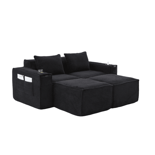 Sofá modular de 2 lugares com 2 banquinhos - encosto estável, molas ensacadas, espuma de alta densidade, porta-copos e bolsos laterais, montagem sem ferramentas - Preto Sofá modular de 2 lugares com 2 banquinhos - encosto estável, molas ensacadas, espuma de alta densidade, porta-copos e bolsos laterais, montagem sem ferramentas - Preto