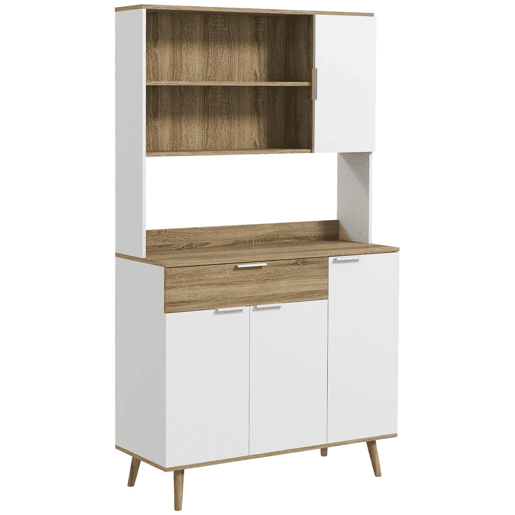 HOMCOM Armário Despenseiro de Cozinha Alto com 4 Portas, Prateleiras Ajustáveis e Gaveta, 98x39x180 cm, Branco e Natural HOMCOM Armário Despenseiro de Cozinha Alto com 4 Portas, Prateleiras Ajustáveis e Gaveta, 98x39x180 cm, Branco e Natural