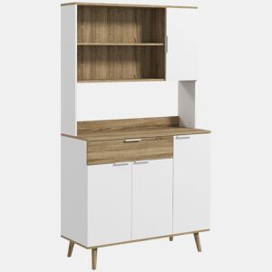 HOMCOM Armário Despenseiro de Cozinha Alto com 4 Portas, Prateleiras Ajustáveis e Gaveta, 98x39x180 cm, Branco e Natural