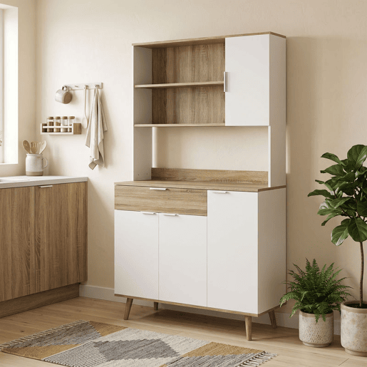 HOMCOM Armário Despenseiro de Cozinha Alto com 4 Portas, Prateleiras Ajustáveis e Gaveta, 98x39x180 cm, Branco e Natural HOMCOM Armário Despenseiro de Cozinha Alto com 4 Portas, Prateleiras Ajustáveis e Gaveta, 98x39x180 cm, Branco e Natural
