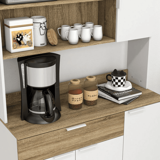 HOMCOM Armário Despenseiro de Cozinha Alto com 4 Portas, Prateleiras Ajustáveis e Gaveta, 98x39x180 cm, Branco e Natural HOMCOM Armário Despenseiro de Cozinha Alto com 4 Portas, Prateleiras Ajustáveis e Gaveta, 98x39x180 cm, Branco e Natural