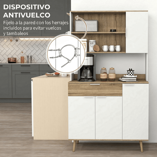 HOMCOM Armário Despenseiro de Cozinha Alto com 4 Portas, Prateleiras Ajustáveis e Gaveta, 98x39x180 cm, Branco e Natural HOMCOM Armário Despenseiro de Cozinha Alto com 4 Portas, Prateleiras Ajustáveis e Gaveta, 98x39x180 cm, Branco e Natural