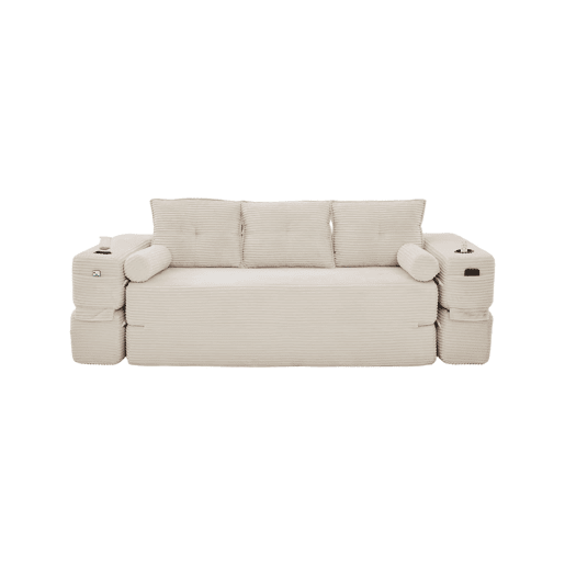 Sofá-cama de 3 lugares - em veludo, com espuma de alta densidade, núcleo de molas, almofadas Memory, porta-copos e bolsos - Bege