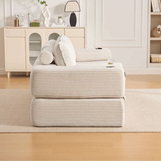 Sofá-cama de 3 lugares - em veludo, com espuma de alta densidade, núcleo de molas, almofadas Memory, porta-copos e bolsos - Bege
