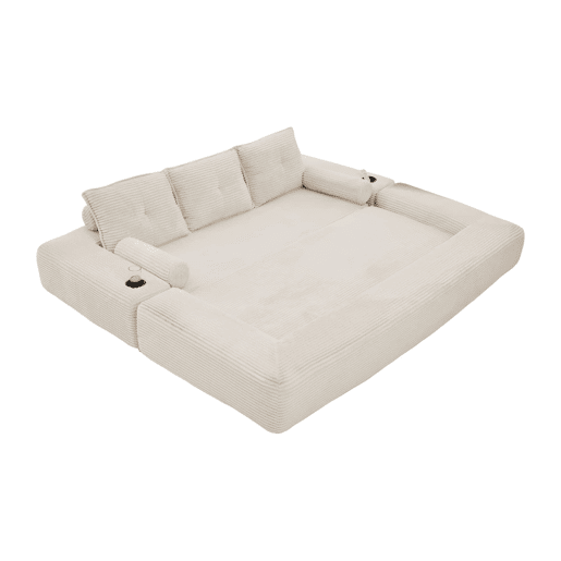 Sofá-cama de 3 lugares - em veludo, com espuma de alta densidade, núcleo de molas, almofadas Memory, porta-copos e bolsos - Bege