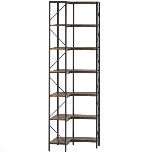 HOMCOM Estante de Canto em L com 7 Níveis, Estilo Industrial, para Quarto, Sala ou Escritório, 60x60x198 cm, Castanho Rústico