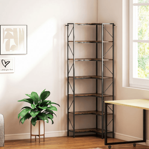 HOMCOM Estante de Canto em L com 7 Níveis, Estilo Industrial, para Quarto, Sala ou Escritório, 60x60x198 cm, Castanho Rústico