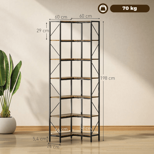 HOMCOM Estante de Canto em L com 7 Níveis, Estilo Industrial, para Quarto, Sala ou Escritório, 60x60x198 cm, Castanho Rústico