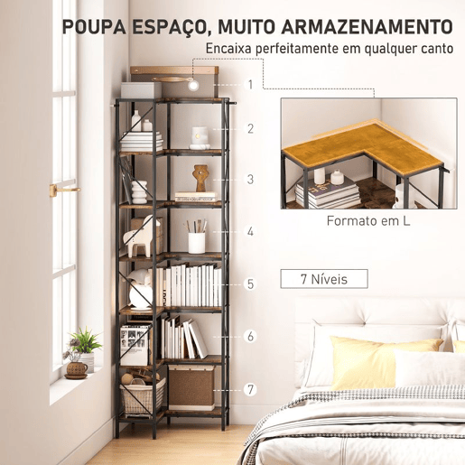 HOMCOM Estante de Canto em L com 7 Níveis, Estilo Industrial, para Quarto, Sala ou Escritório, 60x60x198 cm, Castanho Rústico