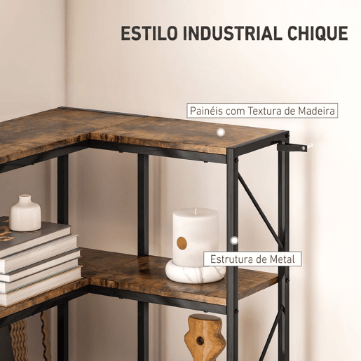 HOMCOM Estante de Canto em L com 7 Níveis, Estilo Industrial, para Quarto, Sala ou Escritório, 60x60x198 cm, Castanho Rústico