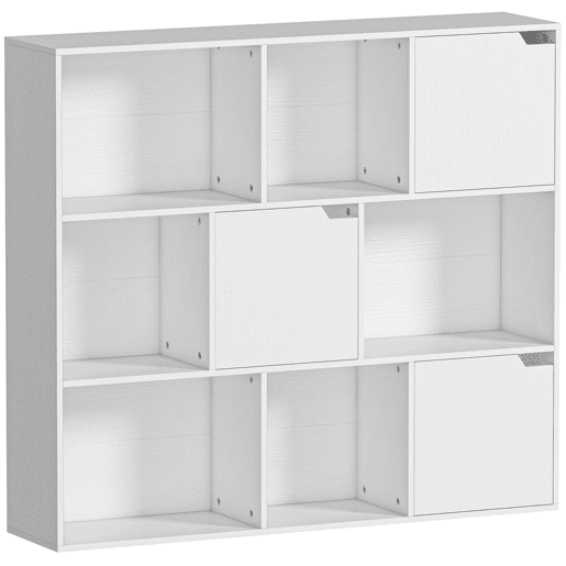 HOMCOM Estante com 9 Cubos, Estante para Livros de 3 Níveis com 3 Portas e 6 Compartimentos Abertos, 106x24x95 cm, Branco